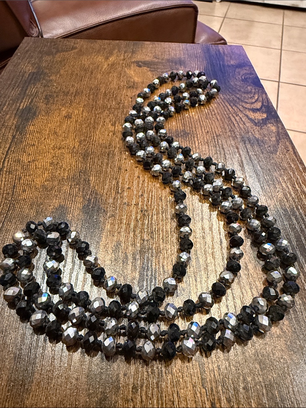 Long Black and Silver Faceted Bead Necklace - Women Jewelry